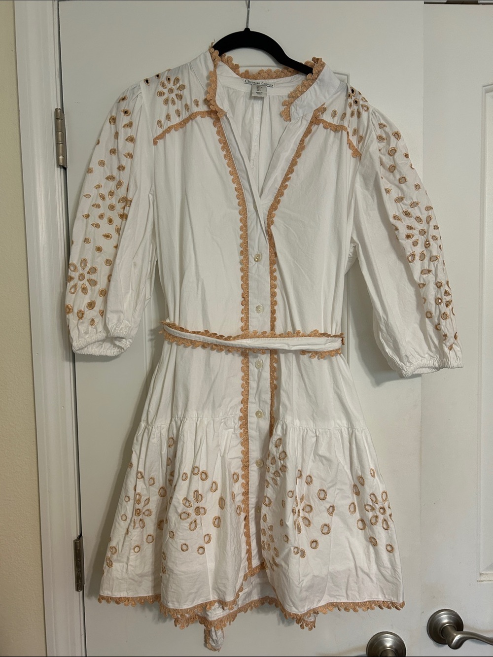 Christian Lacroix White Midi Dress with Tan Embroidery Trim